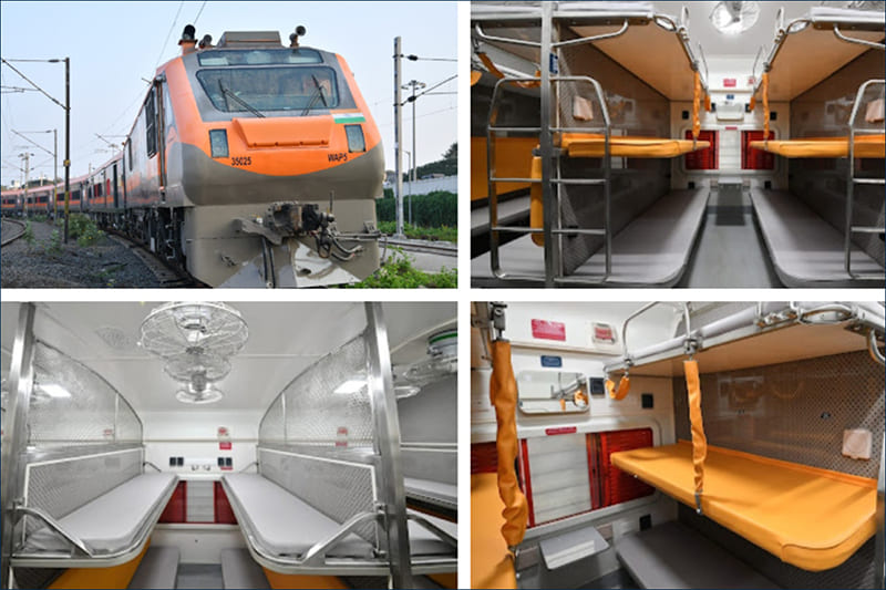 Interior of Amrit Bharat Express 2026 coach with modern fittings and charging points